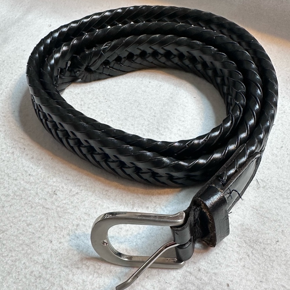 Black Braided Leather Belt Silver Buckle Size 36 Adjustable Woven